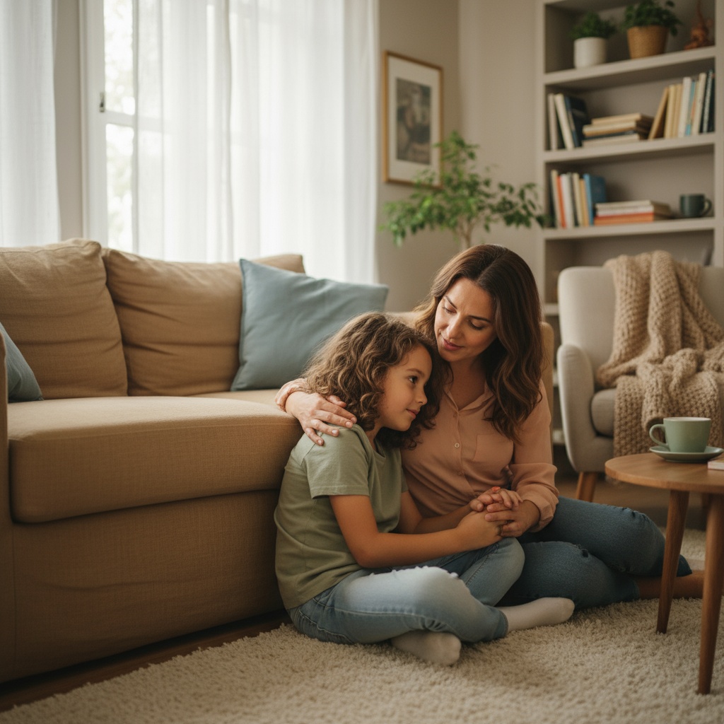 Criança e adulto a conversar num ambiente acolhedor, ilustrando apoio emocional durante o luto e perdas na infância.