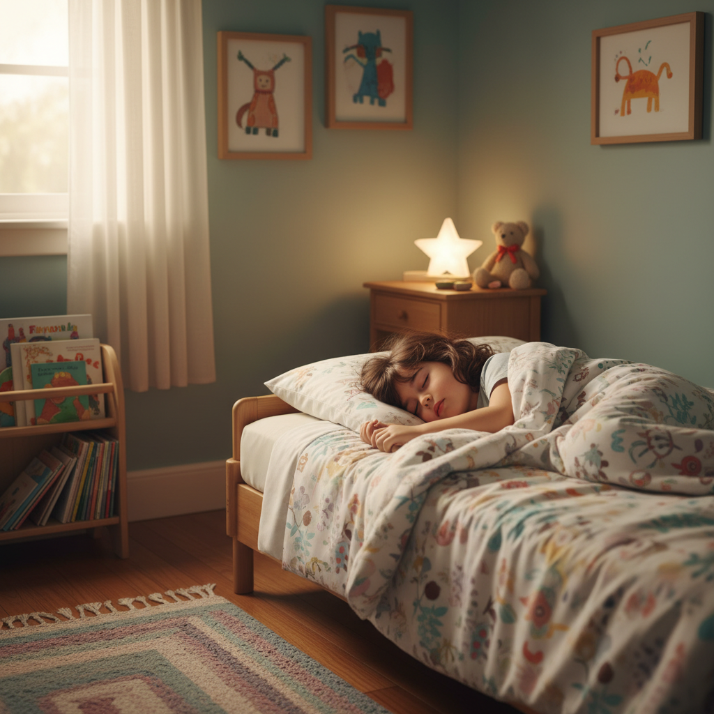 Criança a dormir tranquilamente na sua cama, ilustrando as horas de sono recomendadas para crianças.