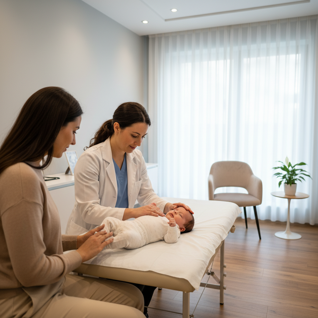 Bebé em check-up osteopático bebé, a ser observado com delicadeza por um profissional em consultório acolhedor.