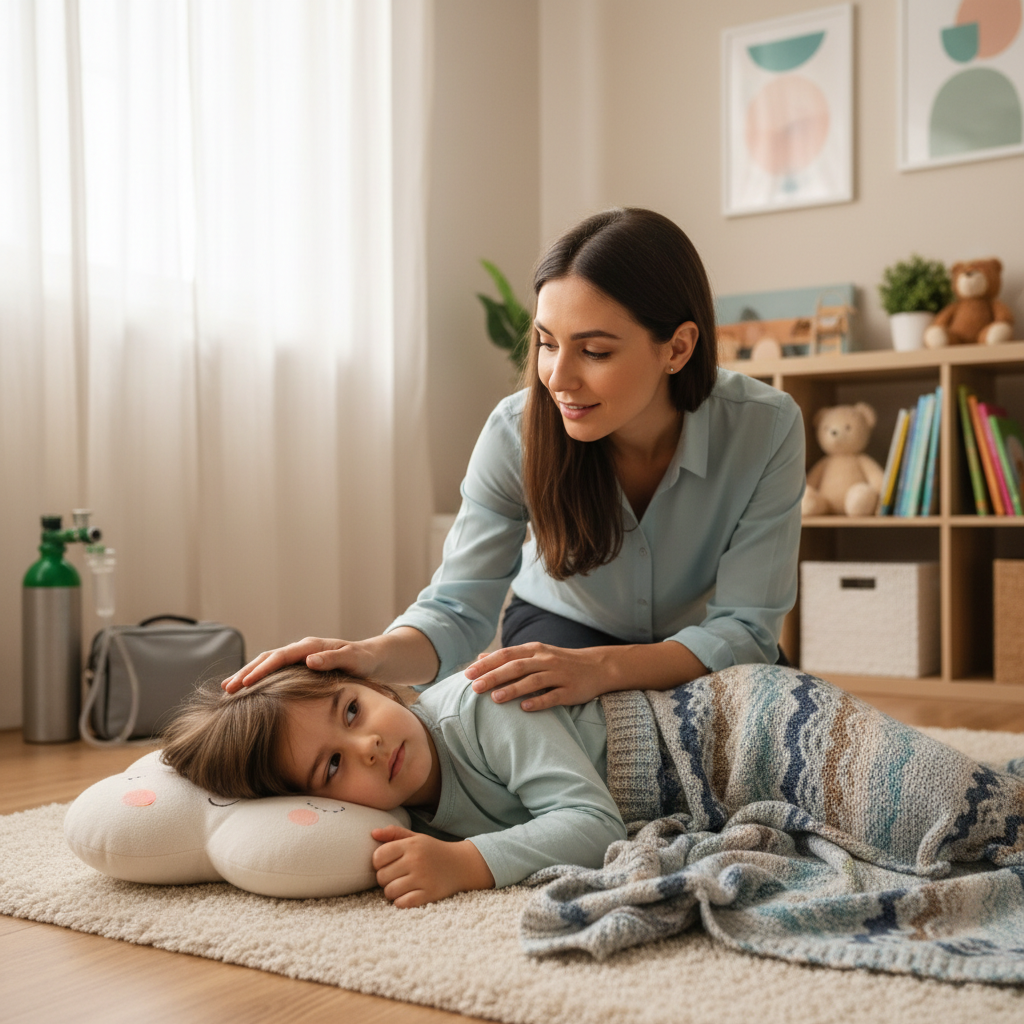 Criança deitada de lado, acompanhada por adulto atento, ilustrando convulsões na infância num ambiente seguro e acolhedor.