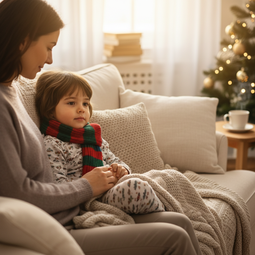Criança de pijama e cachecol sentada num ambiente acolhedor de inverno, acompanhada por adulto cuidador, ilustrando viroses ou infeções.
