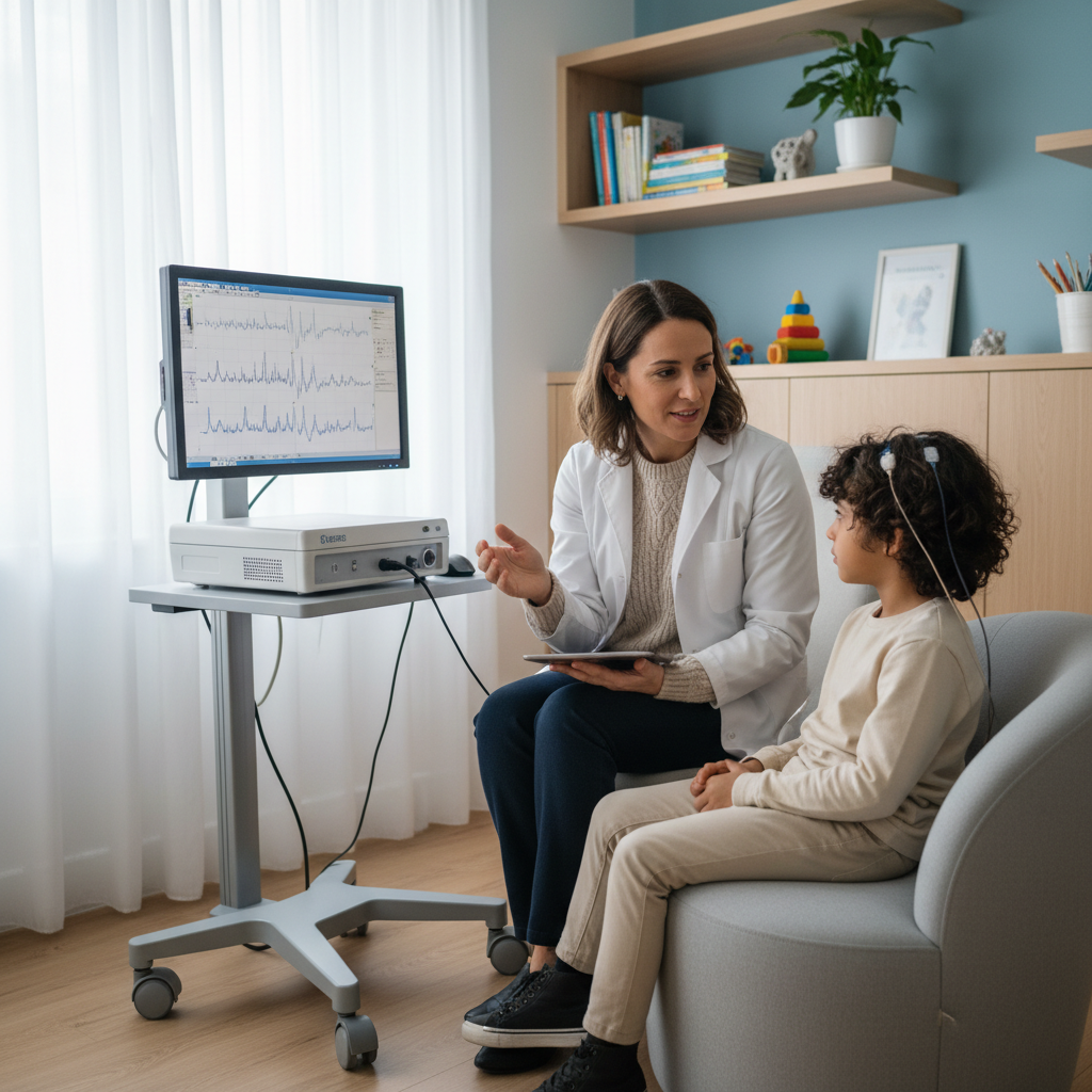 Criança a ser avaliada por neuropediatra em consultório acolhedor, ilustrando diagnóstico de epilepsia na infância.
