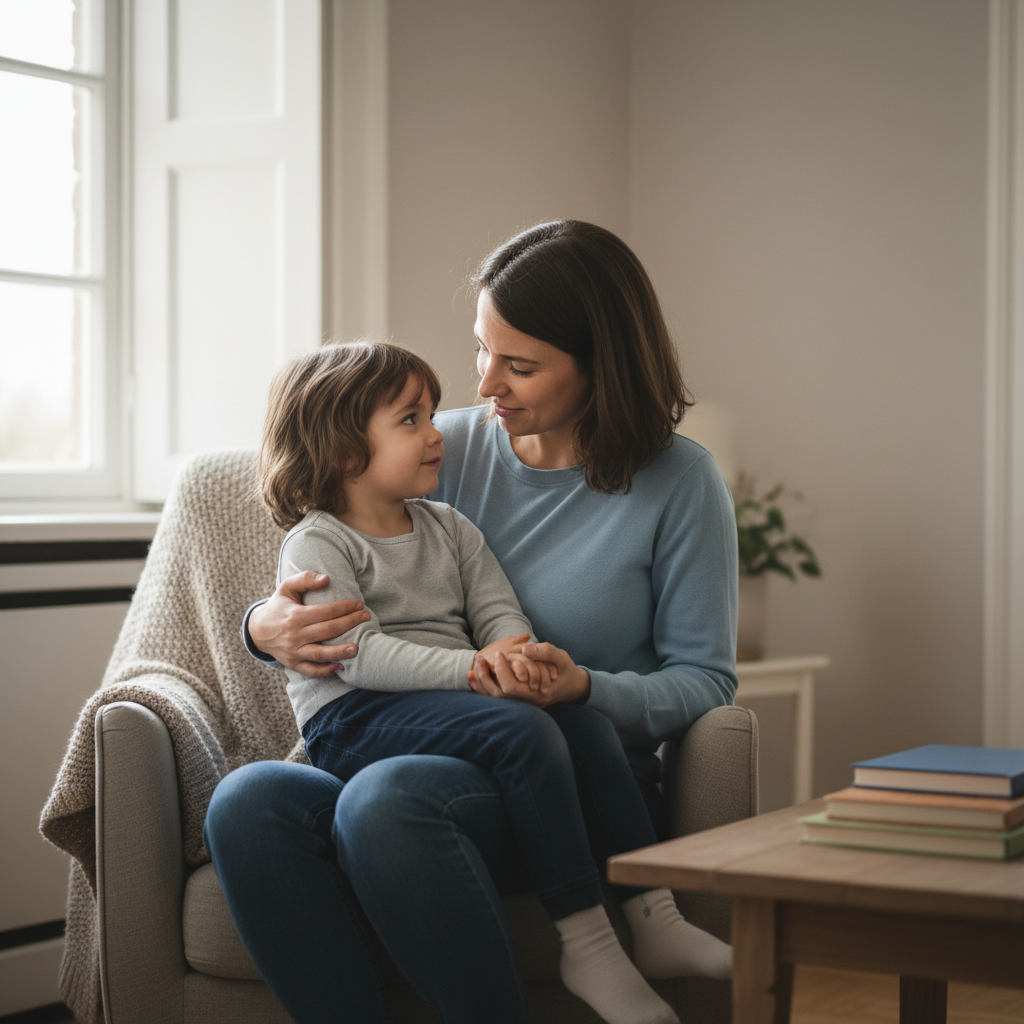 Criança ao colo de adulto cuidador em ambiente acolhedor, ilustrando conexão e regulação emocional após festas.