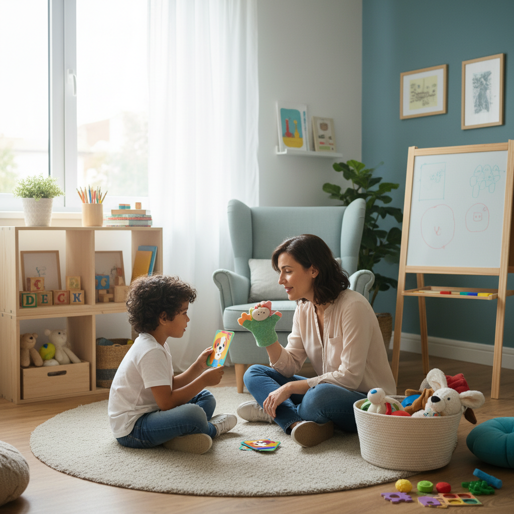 Criança a ser avaliada por terapeuta da fala em consultório acolhedor, ilustrando avaliação de Perturbação Específica da Linguagem.