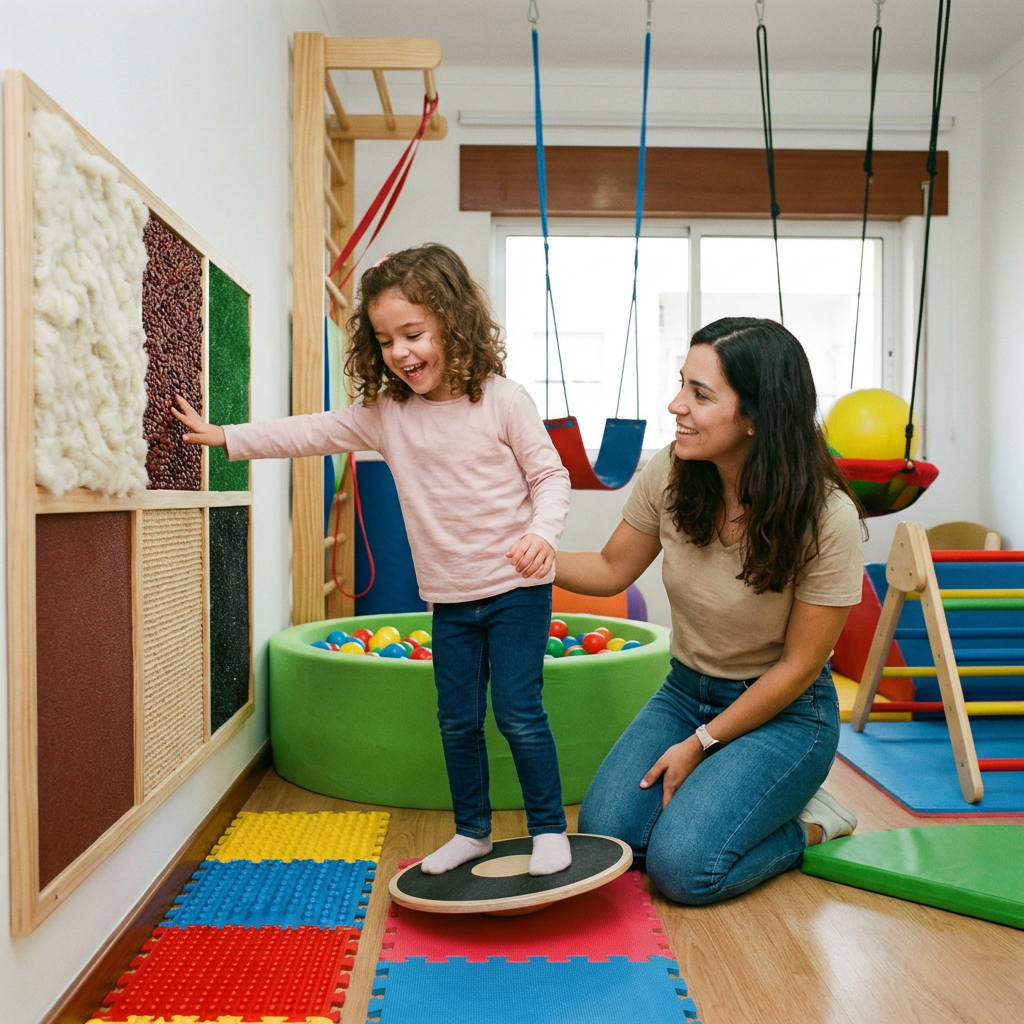 Criança a fazer atividades de integração sensorial com terapeuta ocupacional, consultório acolhedor, ilustrando desenvolvimento sensorial.