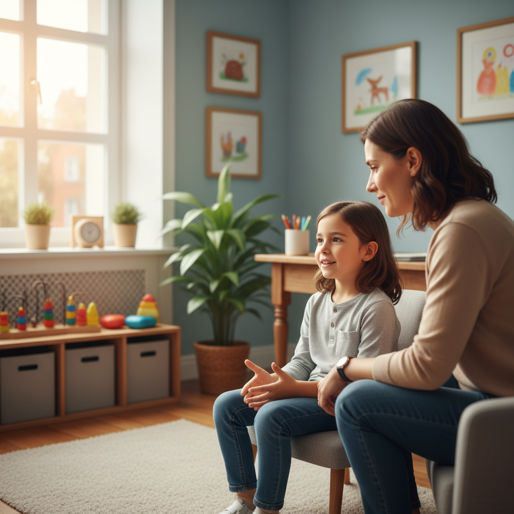 Criança a falar com confiança em sessão de terapia da fala, terapeuta empático ao lado, ilustrando apoio especializado para gaguez.