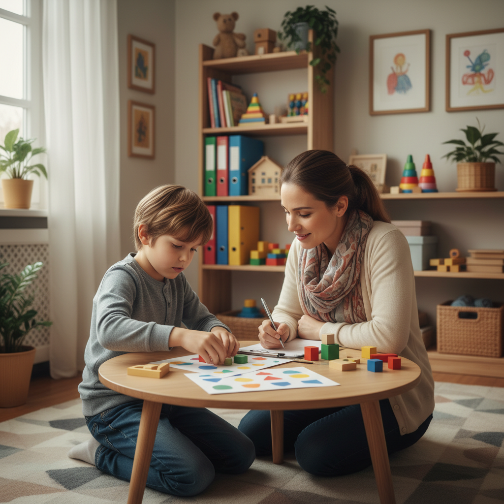 Criança em sessão de avaliação psicopedagógica com profissional, consultório acolhedor, ilustrando compreensão de dificuldades de aprendizagem.