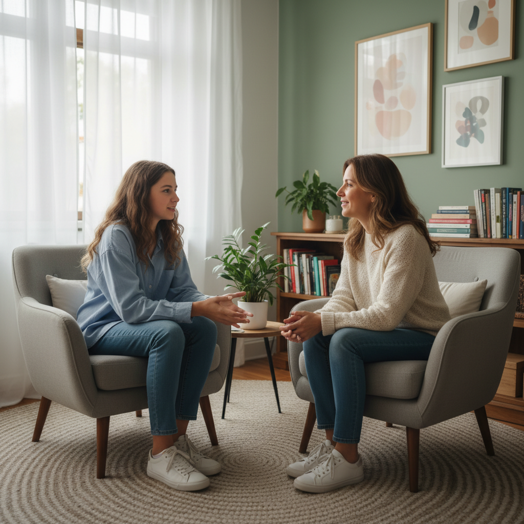 Adolescente em consulta com psicólogo, consultório acolhedor, ilustrando apoio especializado para perturbações do comportamento alimentar.
