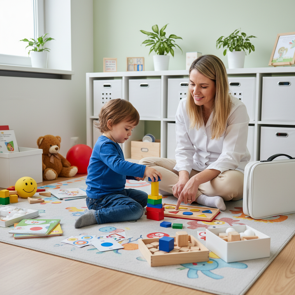 Criança em avaliação Griffiths III com profissional, materiais simples (brinquedos, blocos, livros, cubos, caixas brancas de armazenamento), consultório clínico acolhedor.