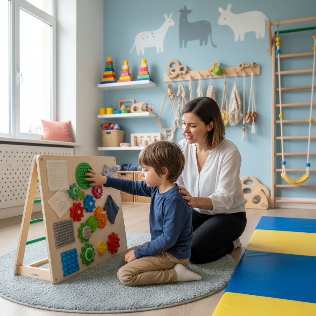Criança com autismo em sessão de terapia ocupacional, terapeuta atento, atividades sensoriais e motoras, consultório acolhedor.