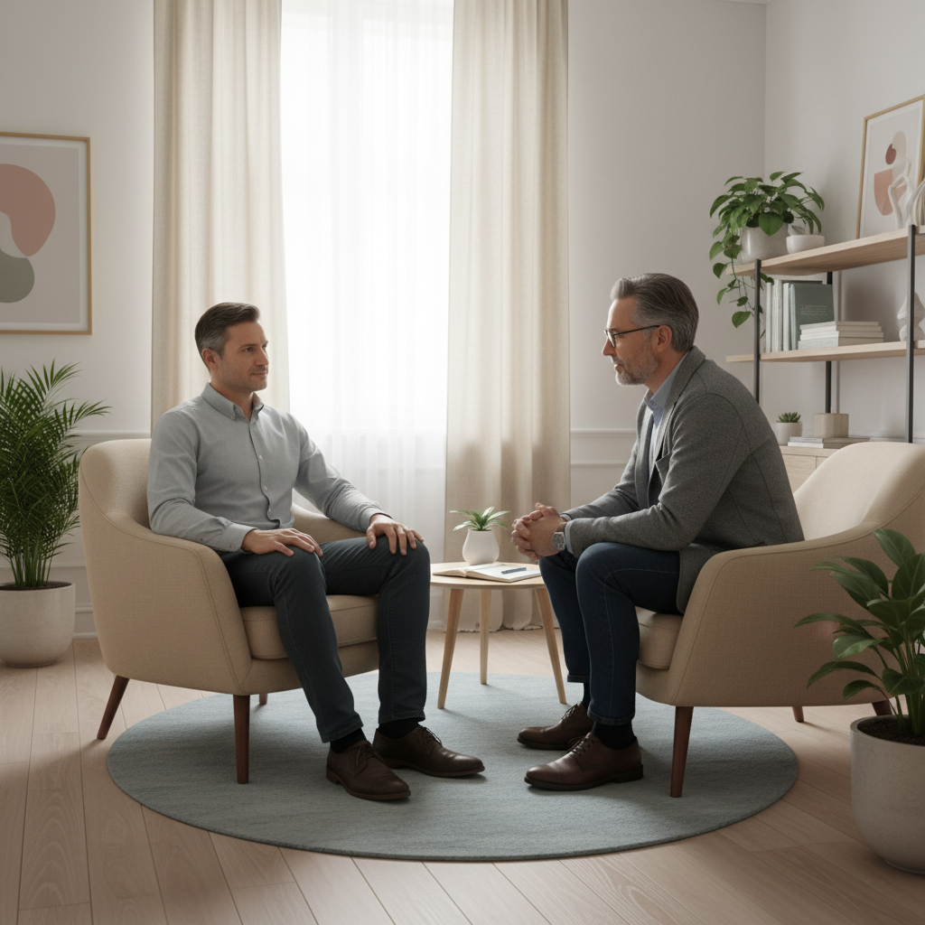 Adulto em consulta de psiquiatria com profissional, consultório acolhedor e profissional, atmosfera de confiança e apoio.