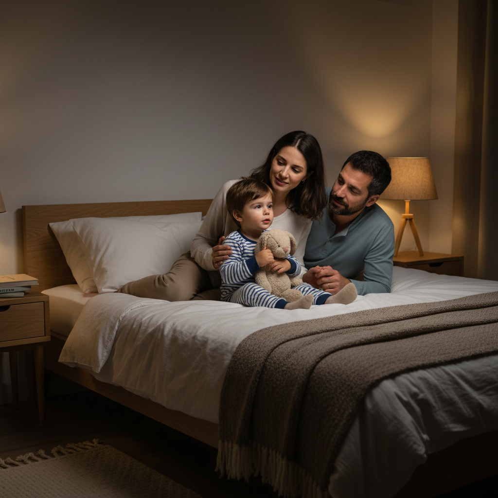 Criança acordada à noite na cama com pais ao lado, expressão calma e apoiadora, quarto escuro e acolhedor.
