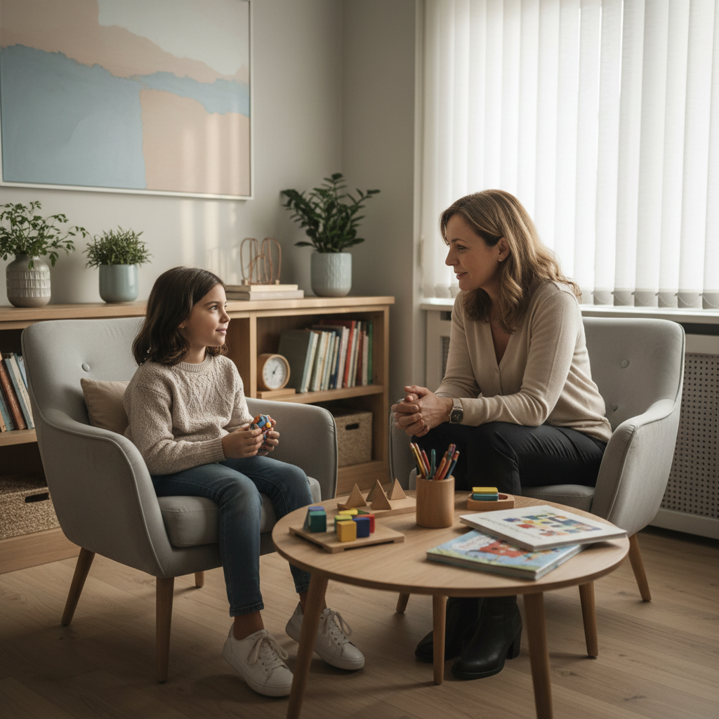Criança/adolescente portuguesa em consulta de pedopsiquiatria com profissional, consultório acolhedor e profissional, atmosfera de confiança e apoio.