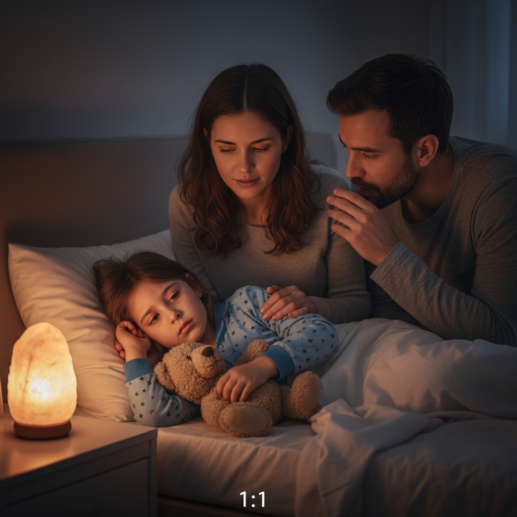 Criança na cama com dificuldades de sono, pais ao lado com expressão calma e apoiadora, quarto escuro e acolhedor.
