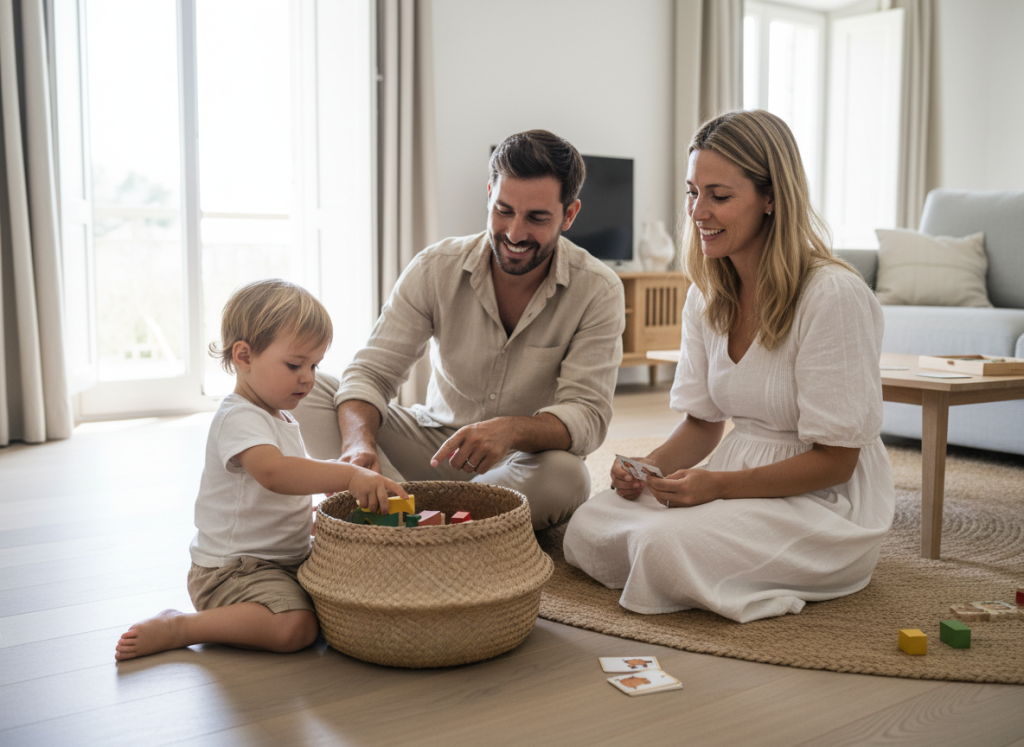 Família em contexto de férias a fazer uma rotina simples com uma criança pequena, num ambiente calmo e luminoso, com luz natural.