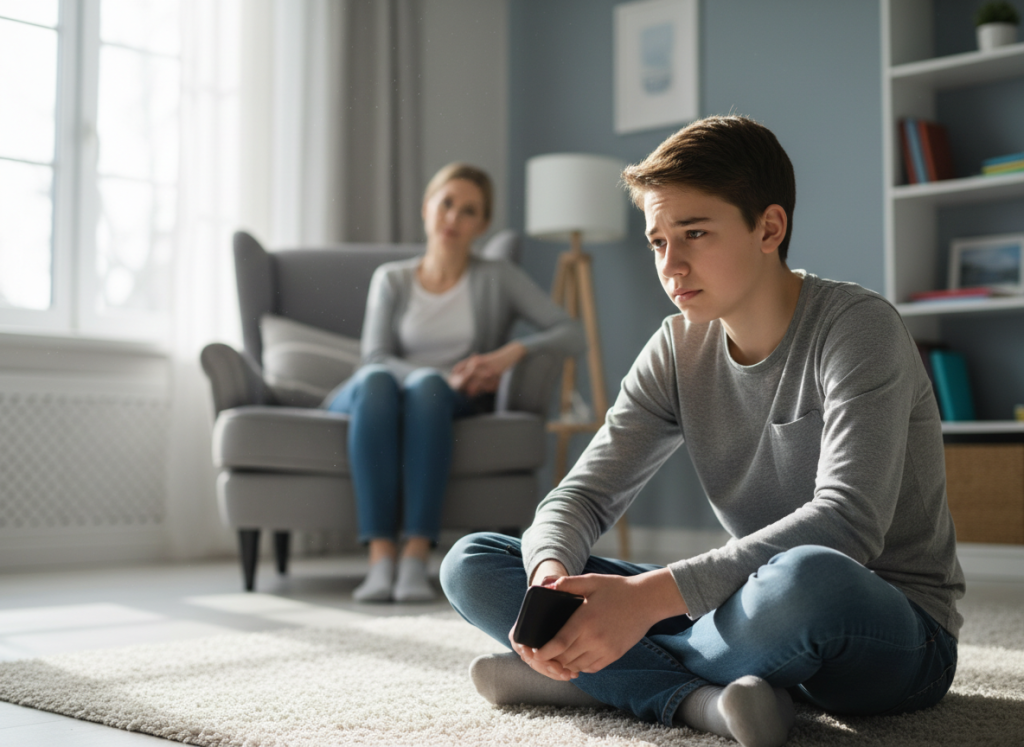 Adolescente com expressão pensativa e ansiosa num ambiente calmo, com um cuidador ao fundo em postura de apoio e disponibilidade.